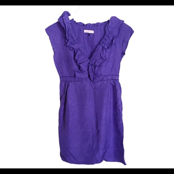 REBECCA TAYLOR V Cut Cocktail Dress With Ruffle Detail & Cap Sleeves Purple Sz 2 - Picture 7 of 12
